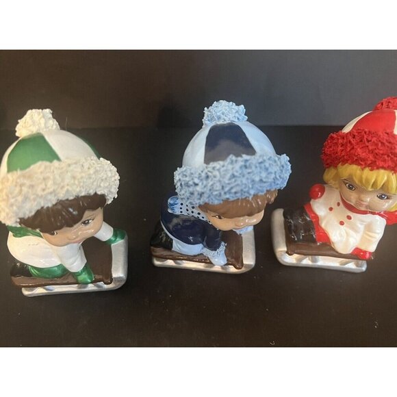 Vintage Kitsch Spaghetti Christmas Kid Village Decor Children Sled Mcm Set4 Lot - Picture 4 of 12